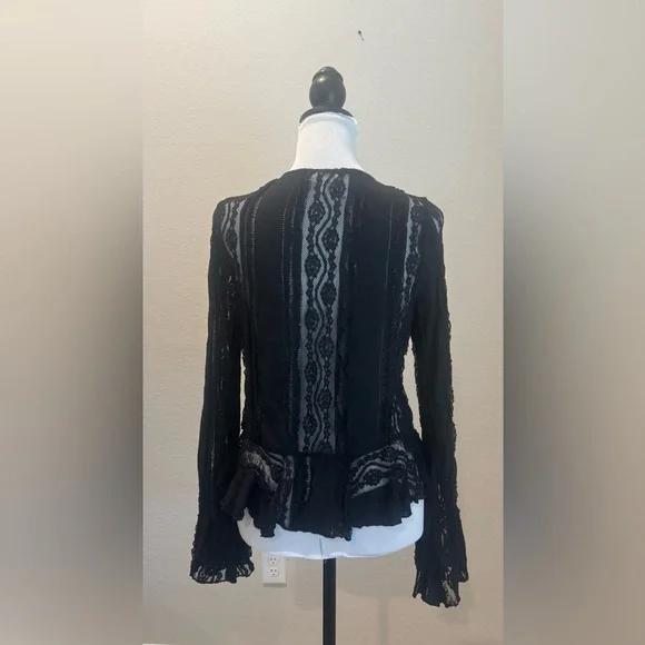 Peach V-Neck Tie-Strap Cardigan Long-Sleeved Chiffon Bell Sleeves Lace Top - Picture 2 of 7